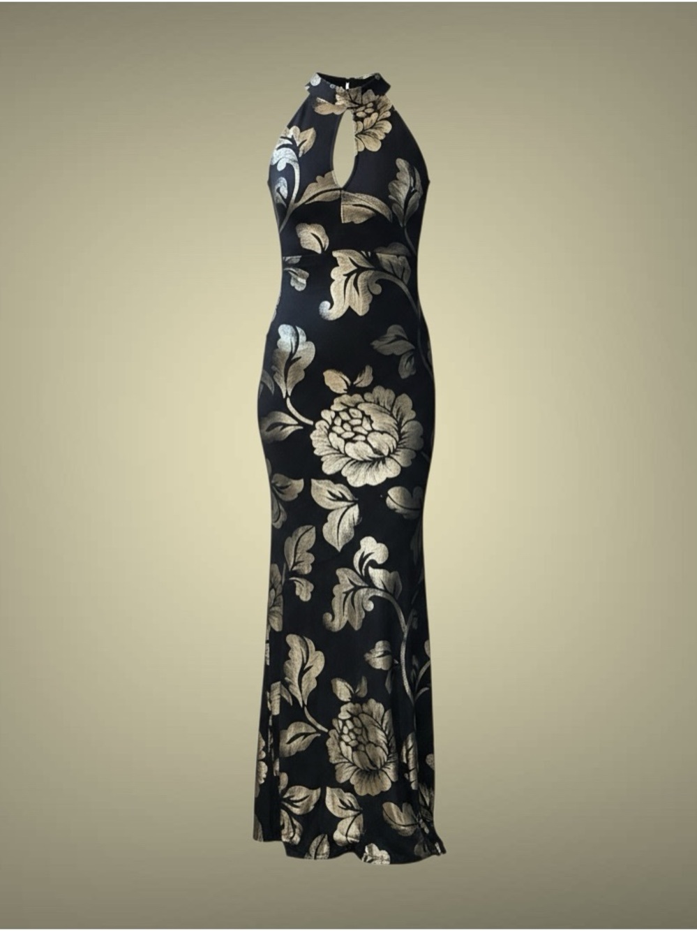Women’s Black & Gold Floral Formal Gown Sleeveless High Neck Mermaid Dress